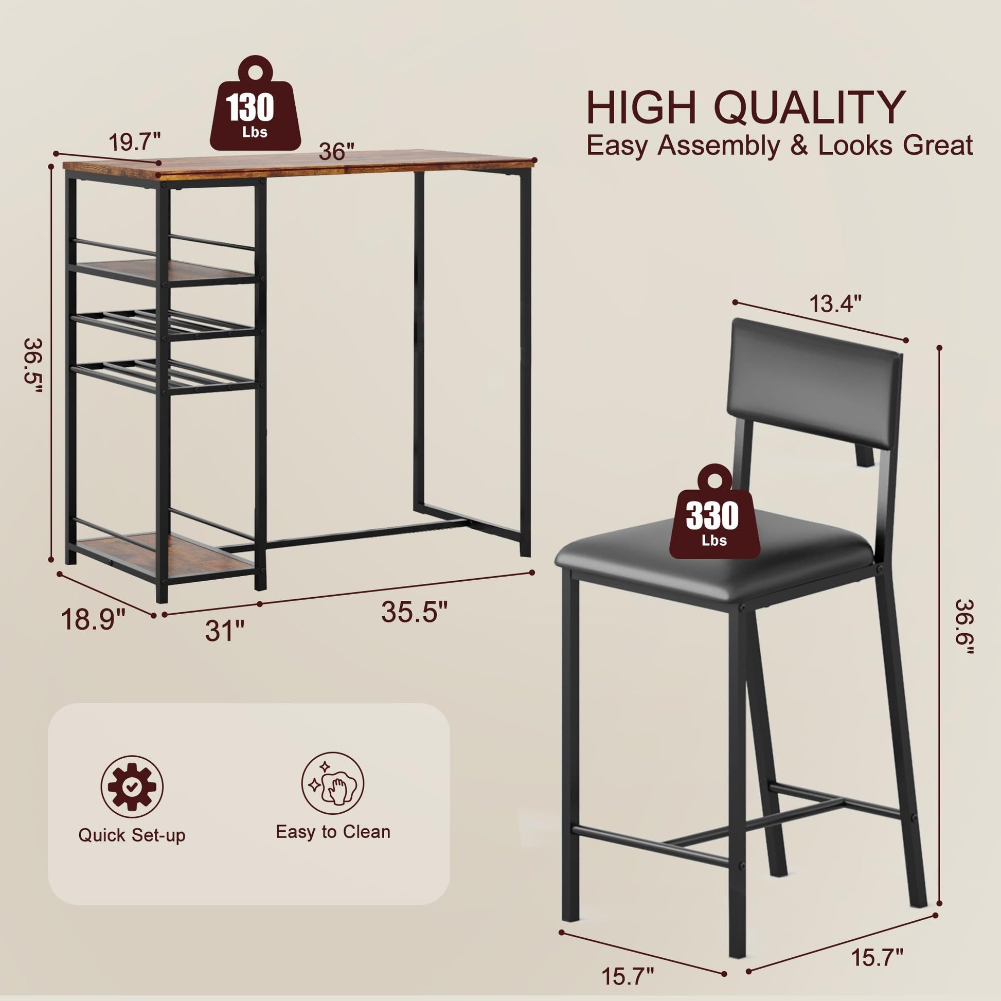Table de salle à manger Garvee pour 2 personnes avec 4 compartiments de rangement, porte-gobelet et casier à vin, structure robuste en acier, design rustique en bois, idéale pour les petits espaces, compacte, marron