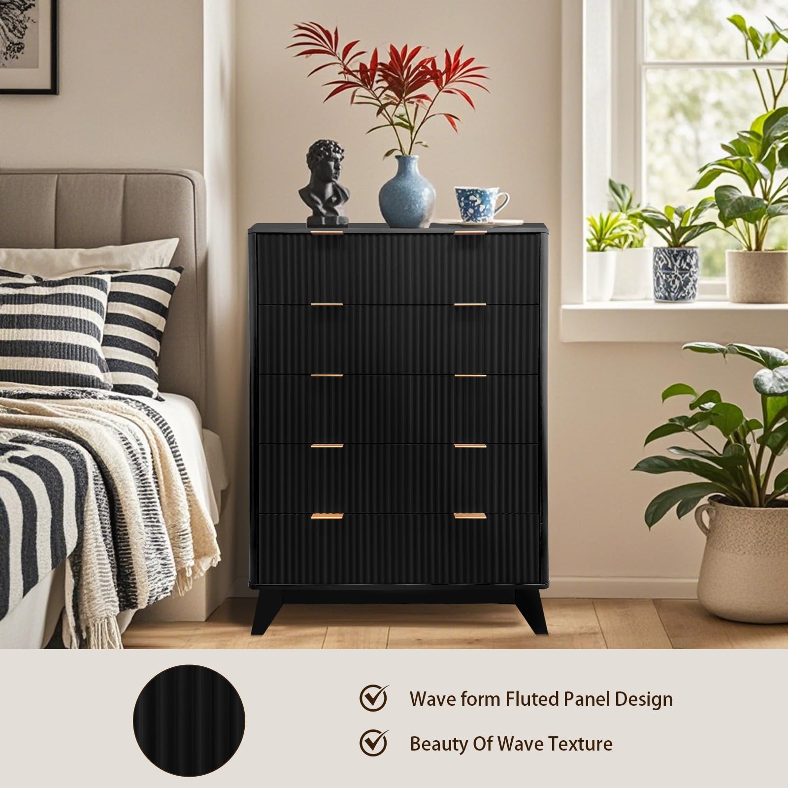Commode haute Garvee en bois, 5 tiroirs, design cannelé, MDF moderne, robuste, pour salon, chambre, chambre d'enfant, blanche