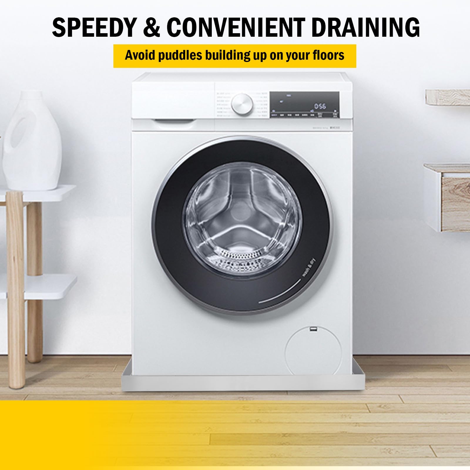 Bac de récupération pour lave-linge Garvee 61 x 61 cm (24 x 24 pouces) – Acier inoxydable 304, trou de vidange, adaptateur pour tuyau d'arrosage, pieds anti-vibrations, compact et robuste