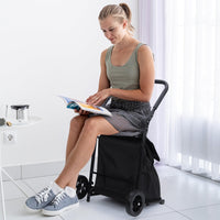 Chariot de courses pliable 2 en 1 Garvee avec siège, sac étanche de 123 L, capacité de charge de 60 kg, cadre en métal, roues tout-terrain de 17 cm, pliable pour les courses et les activités de plein air, noir