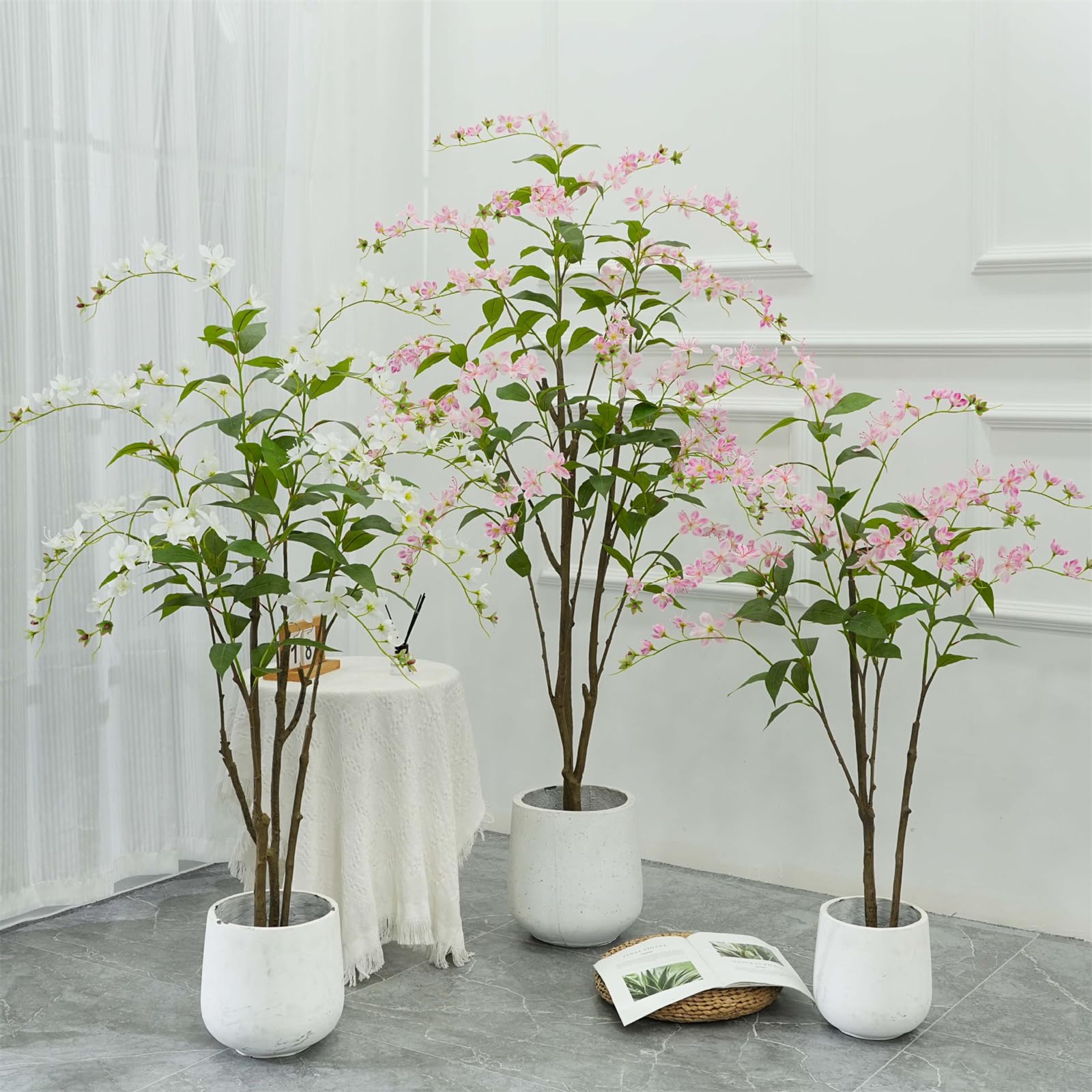 Arbre artificiel fleuri Garvee de 1,5 m, fleurs roses, structure en plastique et béton, pour la décoration intérieure et extérieure