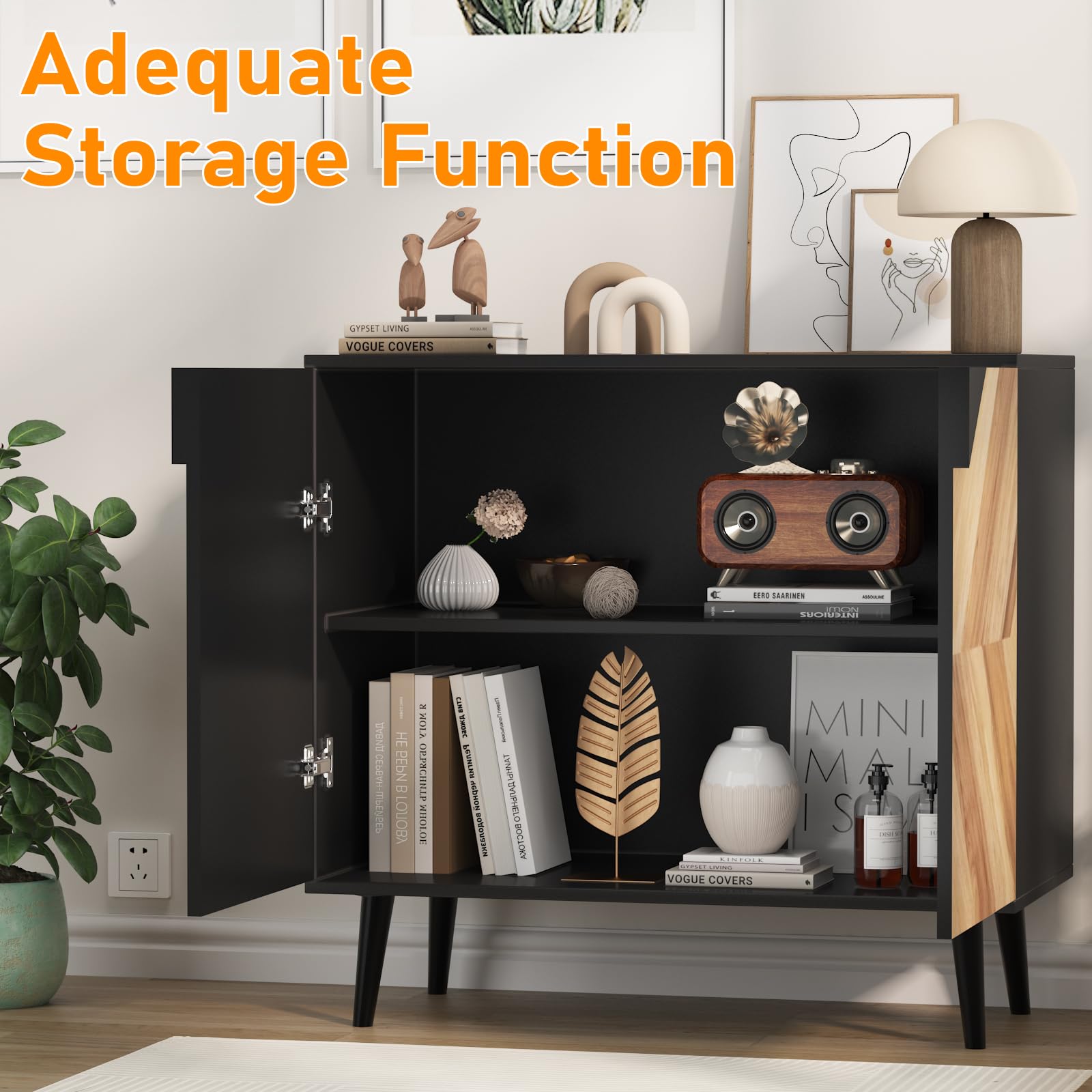 Buffet moderne autoportant Garvee avec portes, aspect bois, noyer noir, 80 cm (31,5 pouces), idéal pour salle à manger ou entrée.