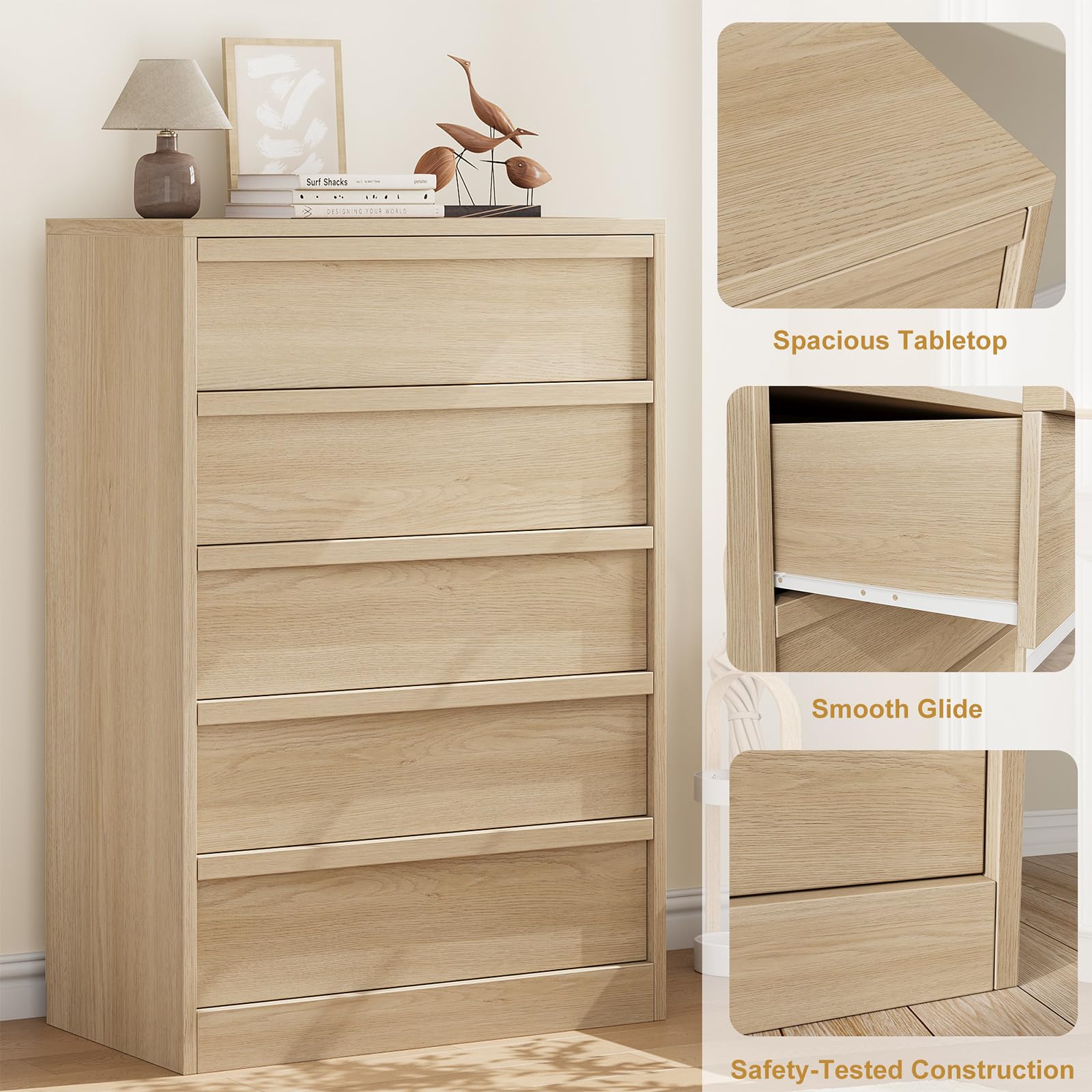 Commode Garvee à 5 tiroirs, style moderne en bois, offrant un grand espace de rangement pour la chambre et le salon, 75 cm (L) x 40 cm (P) x 110 cm (H)