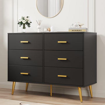 Commode moderne Garvee à 6 tiroirs avec rangement, en bois MDF, poignées dorées, pour chambre et salon, noire, polyvalente