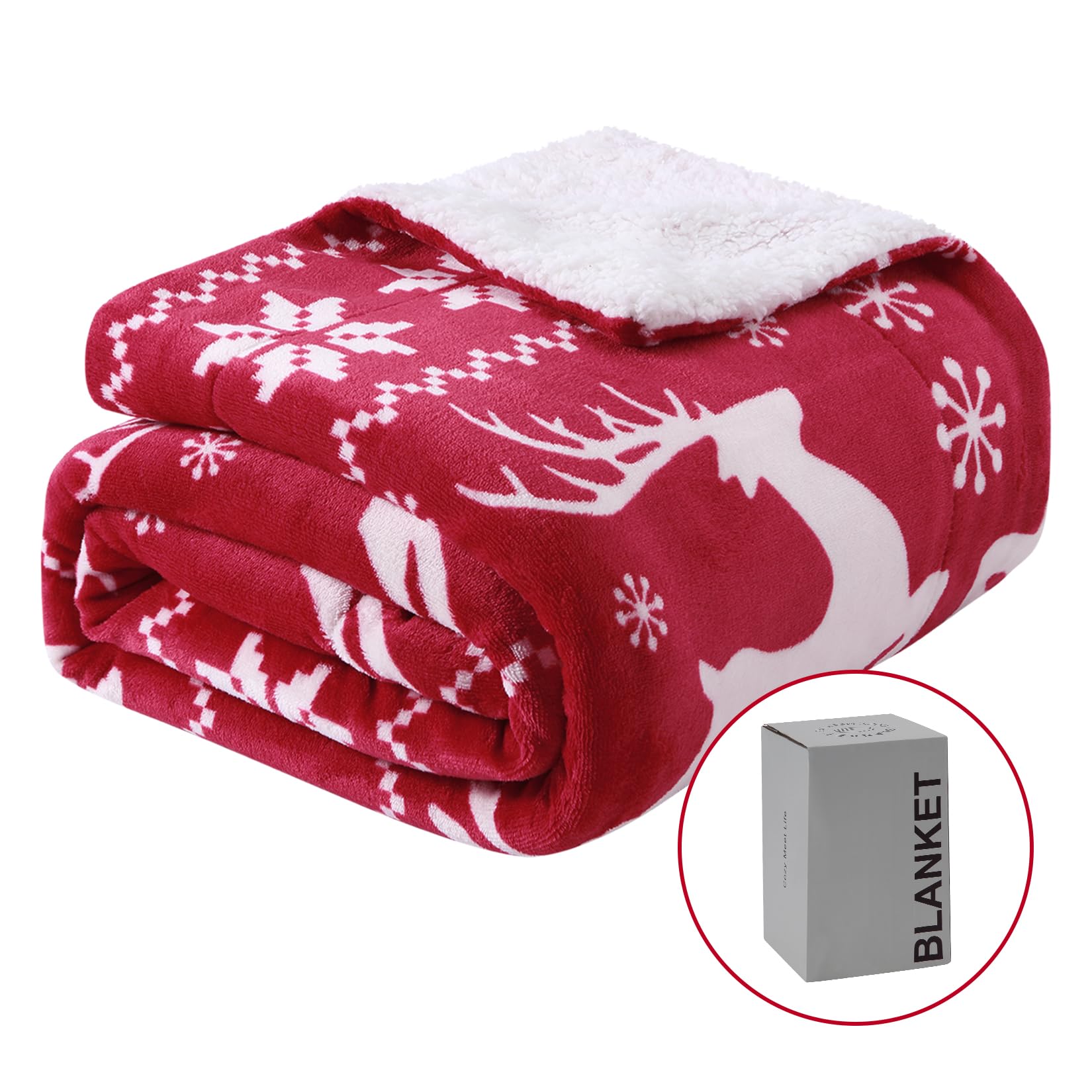 Plaid Garvee en polaire sherpa douce avec motif de rennes rouges pour canapé et lit 127 x 152 cm rouge