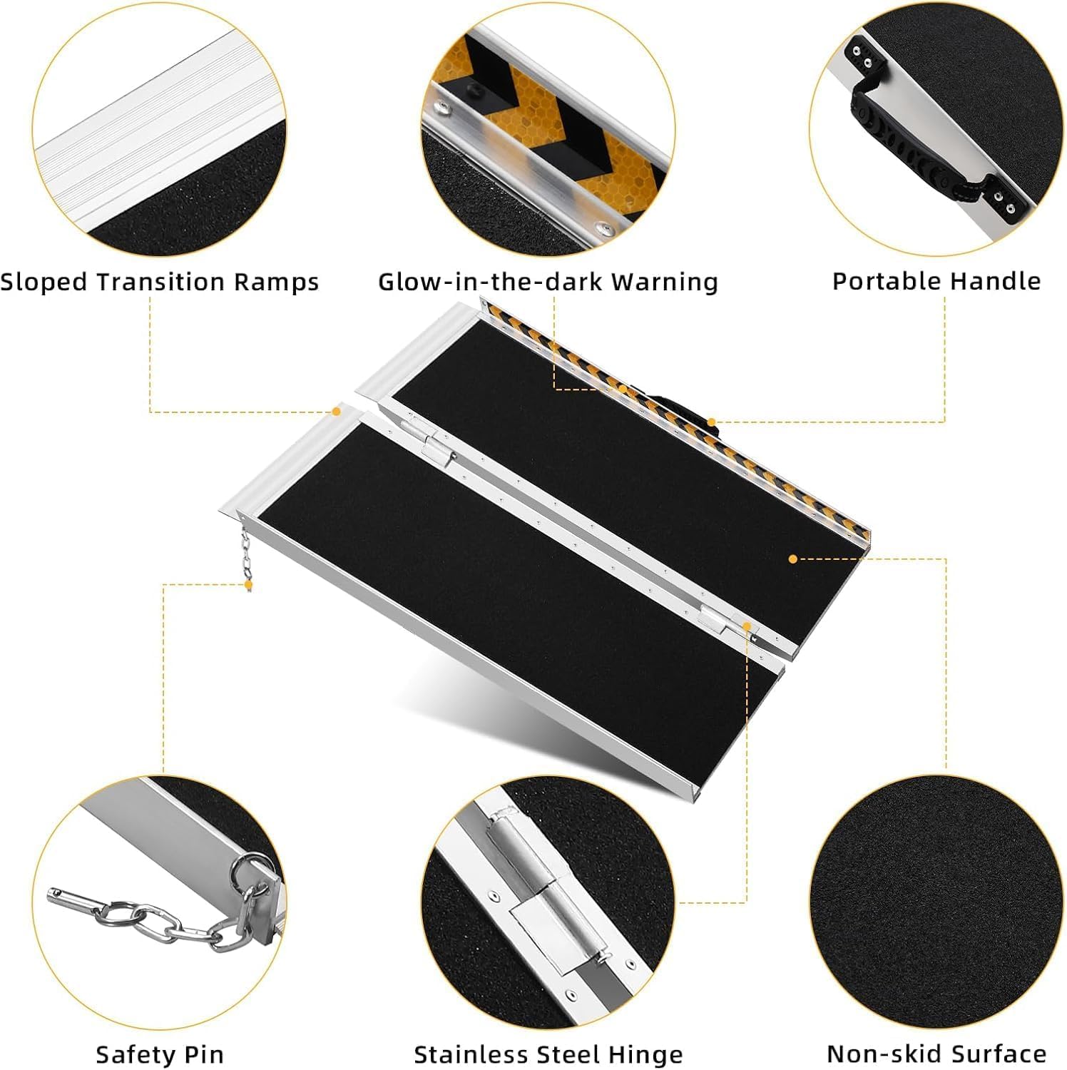 Garvee Rampe d’accès portable 60cm en aluminium pliable, surface antidérapante, pour fauteuil roulant, seuils et marches, charge 272kg