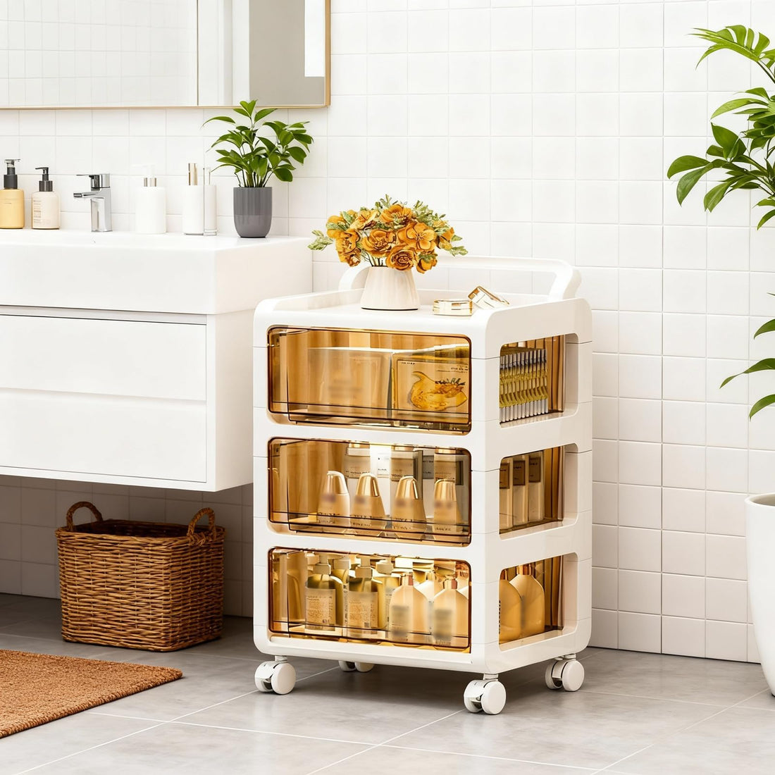 Garvee Organiseur ergonomique en plastique avec 3 tiroirs transparents pour le bureau et la maison, 36L, beige, compact 33×38×71cm