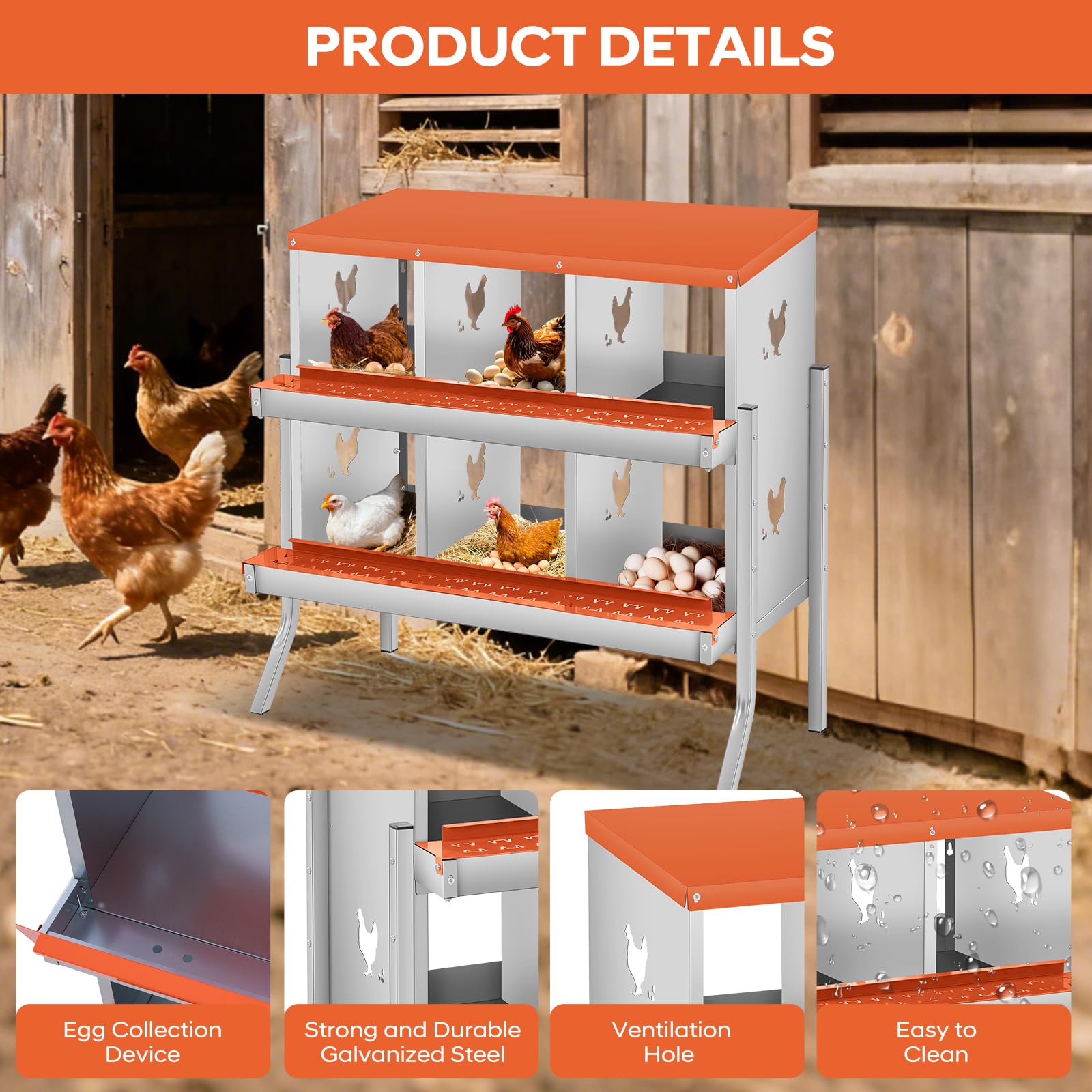 Nichoir Garvee pour poules, 6 compartiments, acier galvanisé, système à roulettes, fixation murale, pour élevages avicoles, larges ouvertures de ventilation, facile à nettoyer