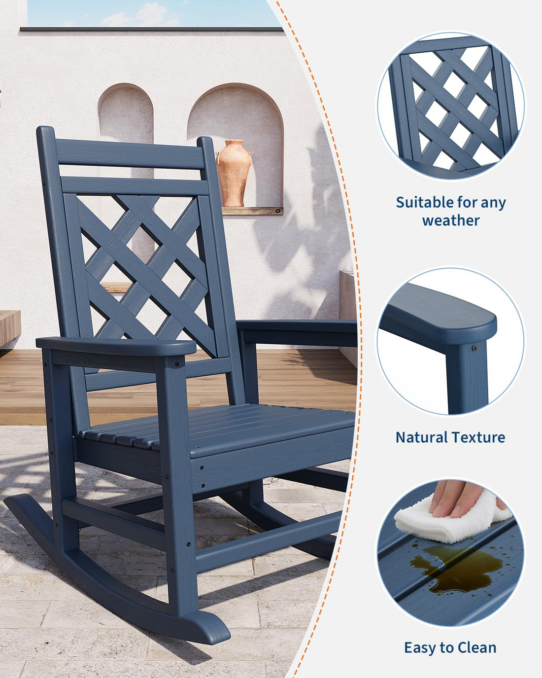 Fauteuil à bascule d'extérieur Garvee en PEHD résistant aux intempéries avec revêtement imitation bois, ergonomique, bleu marine, pour terrasse et jardin, capacité de charge de 172 kg