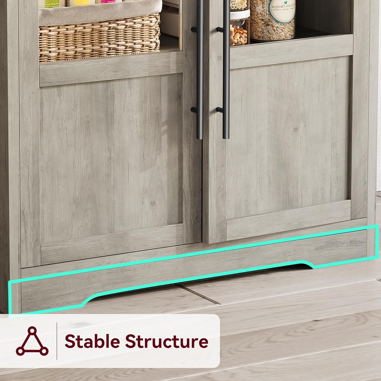 Étagère de boulangerie Garvee avec 2 portes vitrées, prise électrique, plan de travail épais en MDF, grand espace de rangement, gris rétro pour cuisine et salle à manger, 78 cm (L) x 40 cm (l) x 160 cm (H)