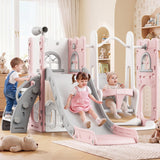 Garvee Aire de Jeux 7-en-1 pour Tout-Petits avec Toboggan, Balançoire, Mur d’Escalade, Télescope et Panier de Basket, pour Intérieur et Extérieur, Gris et Rose - Gris et Rose