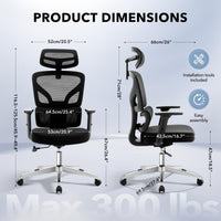 Chaise de bureau ergonomique Garvee en maille avec soutien lombaire réglable, accoudoirs 3D, structure en métal, dossier haut et appui-tête, idéale pour le bureau ou le télétravail, couleur noire.