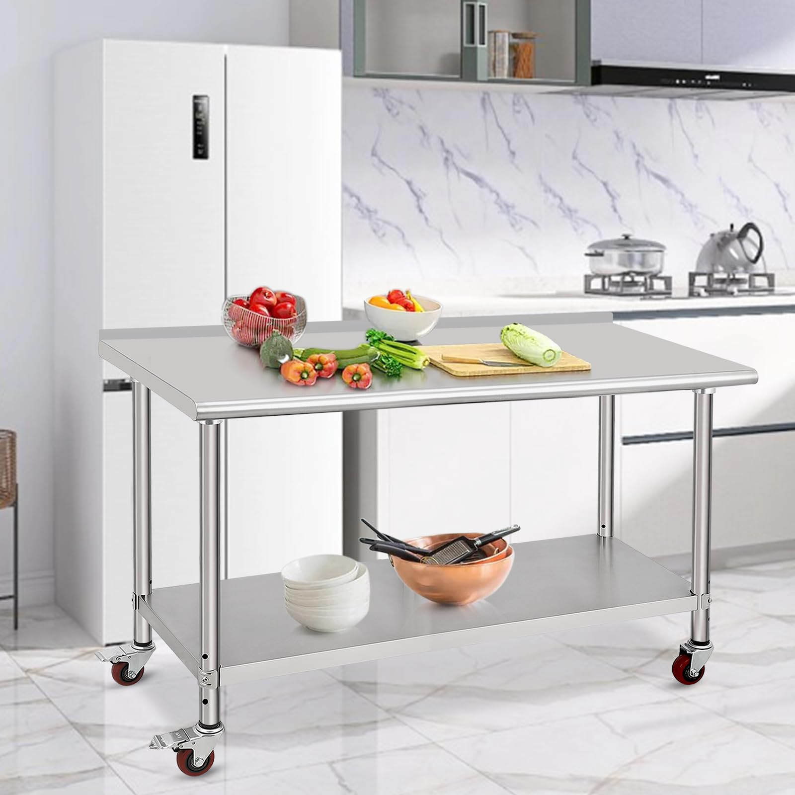 Table de travail Garvee en acier inoxydable – 152×61×89 cm, avec roulettes et protection anti-éclaboussures, robuste pour une utilisation commerciale et en cuisine