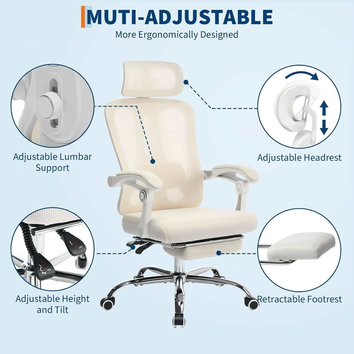 Garvee Chaise de bureau ergonomique avec appui-tête réglable, soutien lombaire et repose-pieds extensible, beige, hauteur réglable, maille respirante