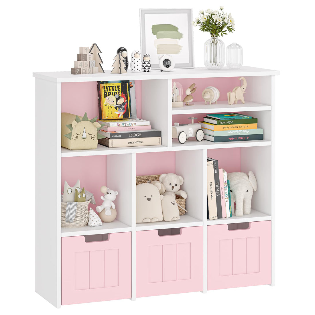 Garvee Étagère à jouets pour enfants avec 3 tiroirs, roulettes, MDF, rose, pour chambre et salle de jeux, polyvalente et sûre