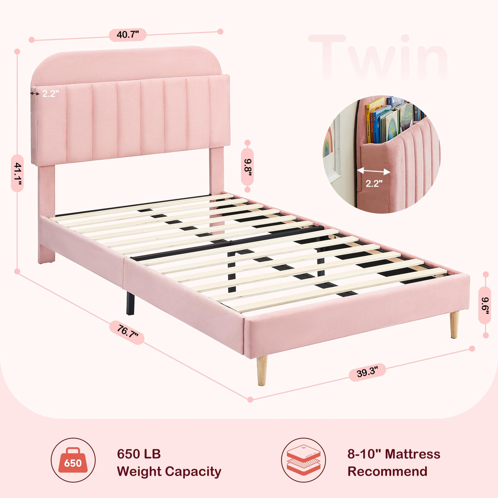 Cadre de lit double Garvee avec bibliothèque, velours, pieds robustes en acier, silencieux, rose, pour chambre d'enfant