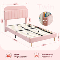 Cadre de lit double Garvee avec bibliothèque, velours, pieds robustes en acier, silencieux, rose, pour chambre d'enfant