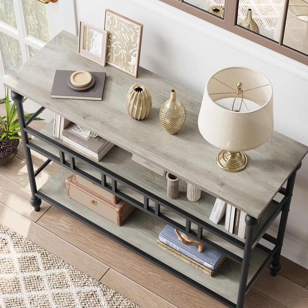 Garvee Console étroite 109 cm à 3 niveaux, étagères effet bois gris rustique, structure métallique, pour salon, couloir et chambre
