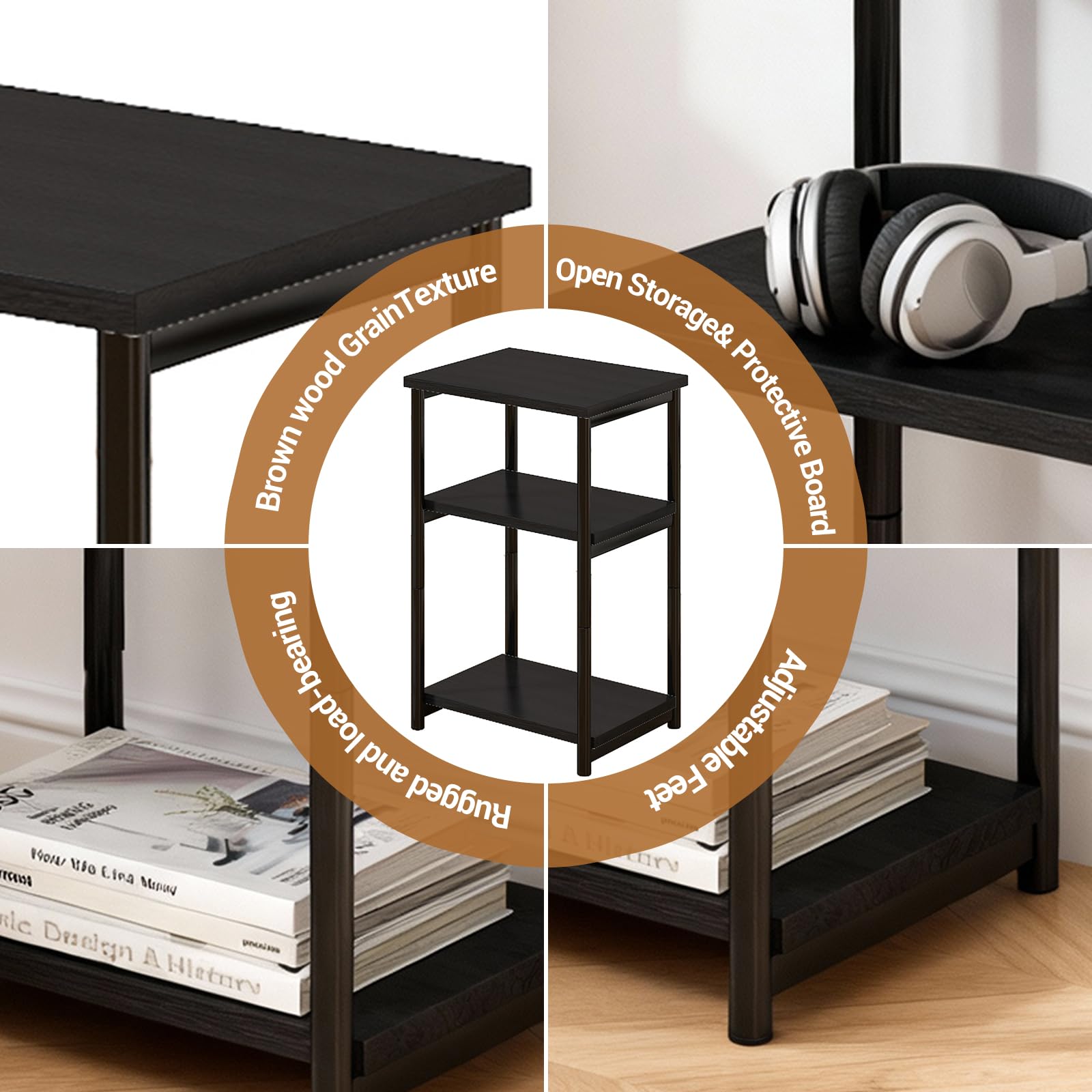 Table d'appoint Garvee à 3 niveaux avec structure en métal pour salon et chambre, design rustique, structure robuste en acier, noire