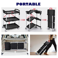 Garvee Chariot de service pliable robuste 80 kg, spécial cuisine, roulettes 360°, poignée rouge, plateaux PP, cadre aluminium, roues verrouillables, bureau et garage.