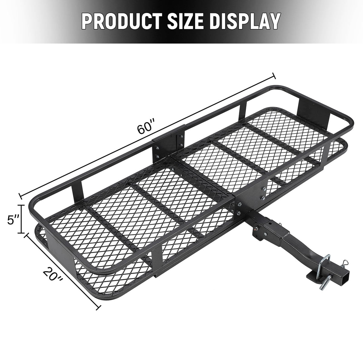 Panier de remorque pliable en acier Garvee 60" x 20" x 5" (152 x 51 x 13 cm), résistant à la rouille, pour voiture et camping, compatible avec barre de remorquage 2", noir