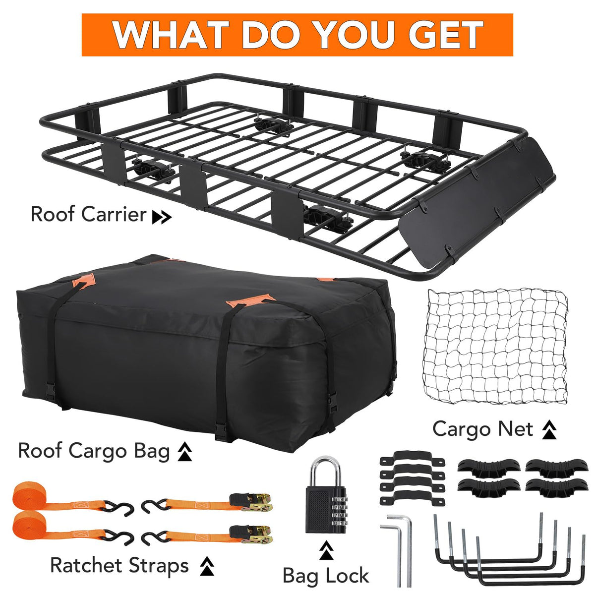 Garvee Panier de toit universel 163x99x15cm, charge 91kg, acier Q235 avec sac étanche, filet, sangles et antivol pour SUV et pick-up, noir