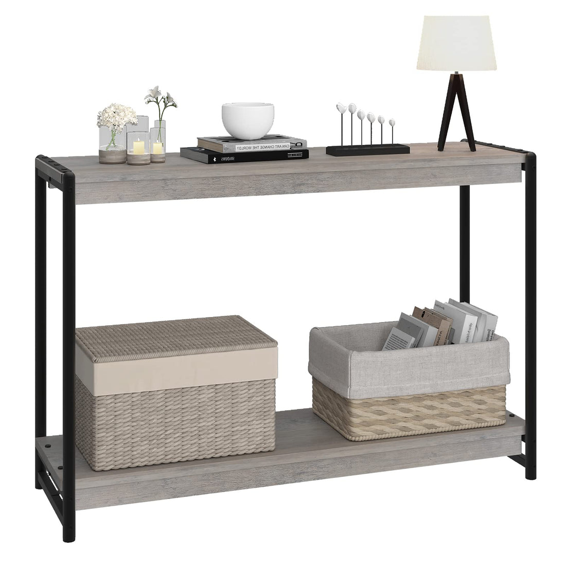 Console étroite Garvee 100 cm pour entrée, 2 niveaux, bois et métal, style rustique-moderne, capacité de charge jusqu'à 22,7 kg, usage polyvalent