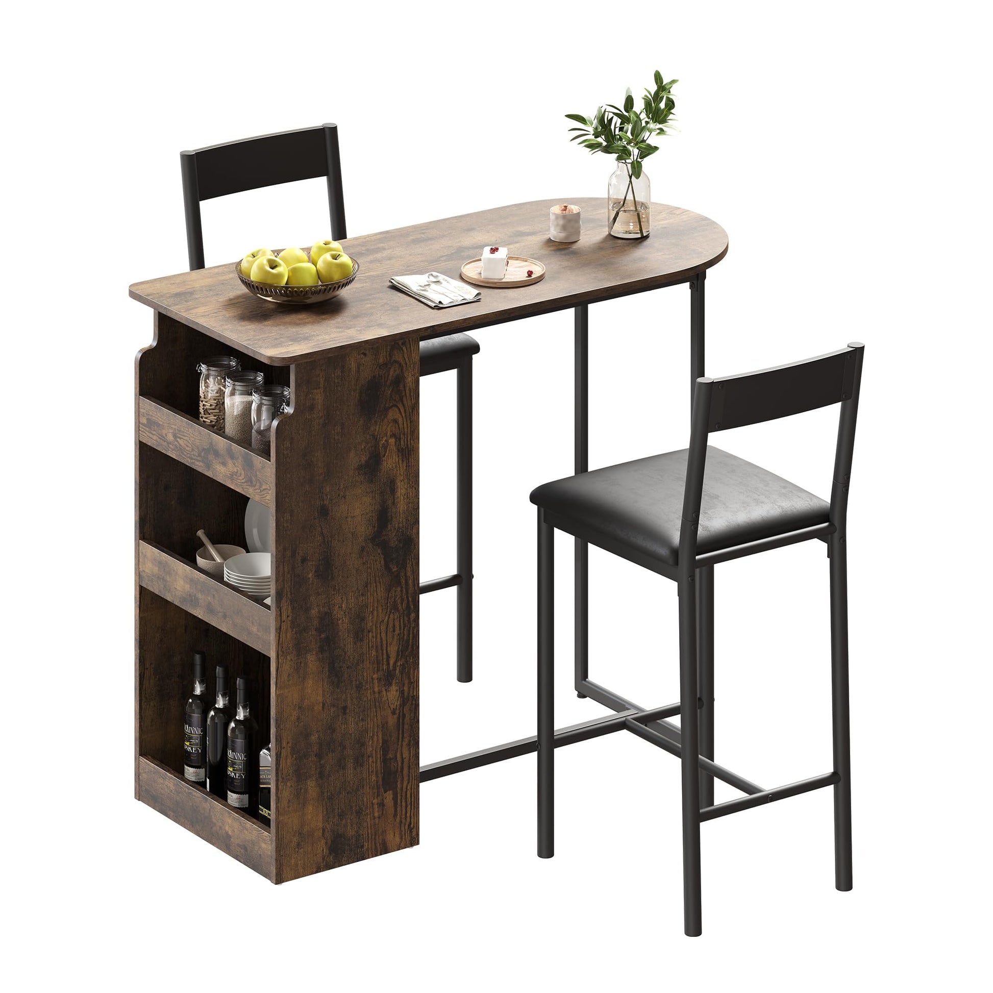 Ensemble table et chaises de bar Garvee avec plateau semi-circulaire rétro, étagère à 3 niveaux, tabourets recouverts de cuir pour la cuisine et le bureau, compact et moderne