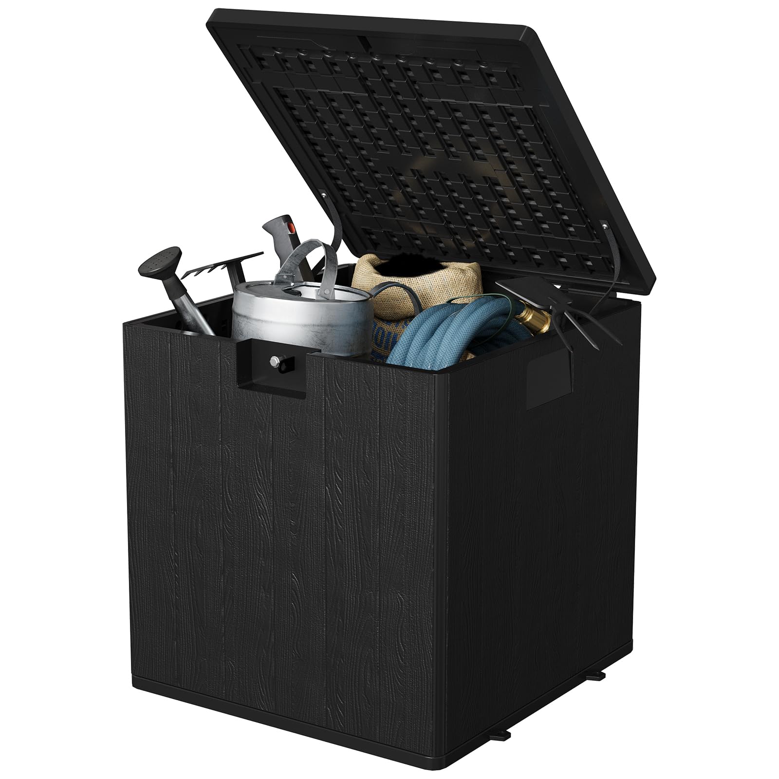 Coffre de rangement extérieur Garvee 28 gallons avec couvercle, résistant aux intempéries et verrouillable, pour jardin et terrasse, 50 x 51 x 50 cm, aspect osier