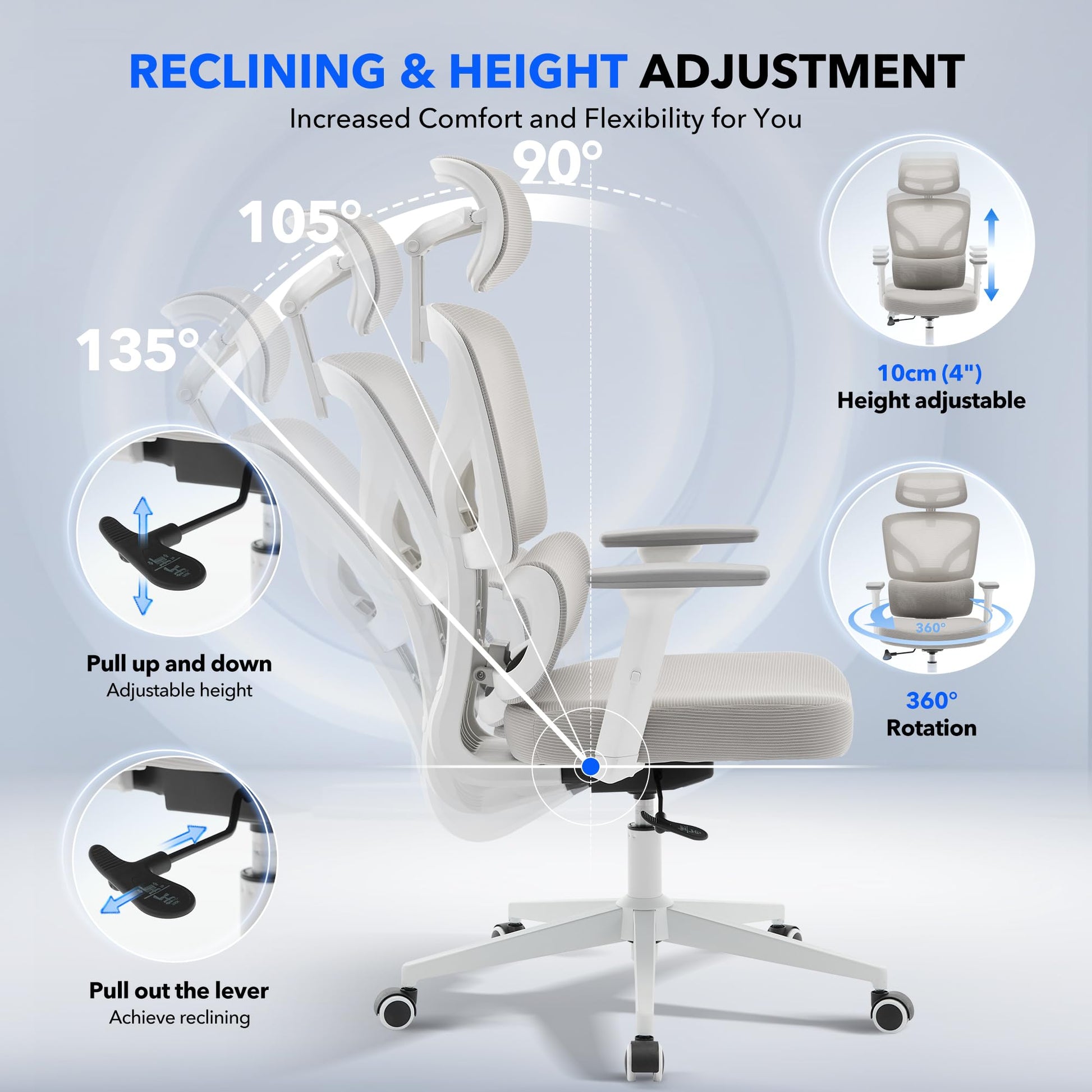 Chaise de bureau ergonomique Garvee en maille avec soutien lombaire réglable, accoudoirs 3D, structure en métal, dossier haut, pivotante, pour bureau et télétravail, noire