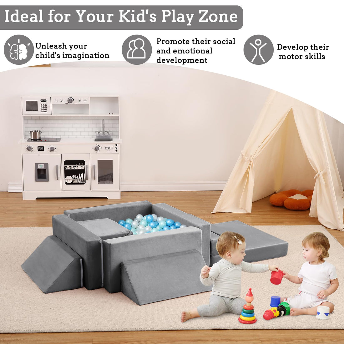 Garvee Canapé de jeu modulable enfant avec 12 blocs en mousse, dépliable, sûr et lavable, idéal chambre d’enfant et salle de jeux, coloris cordon matelassé