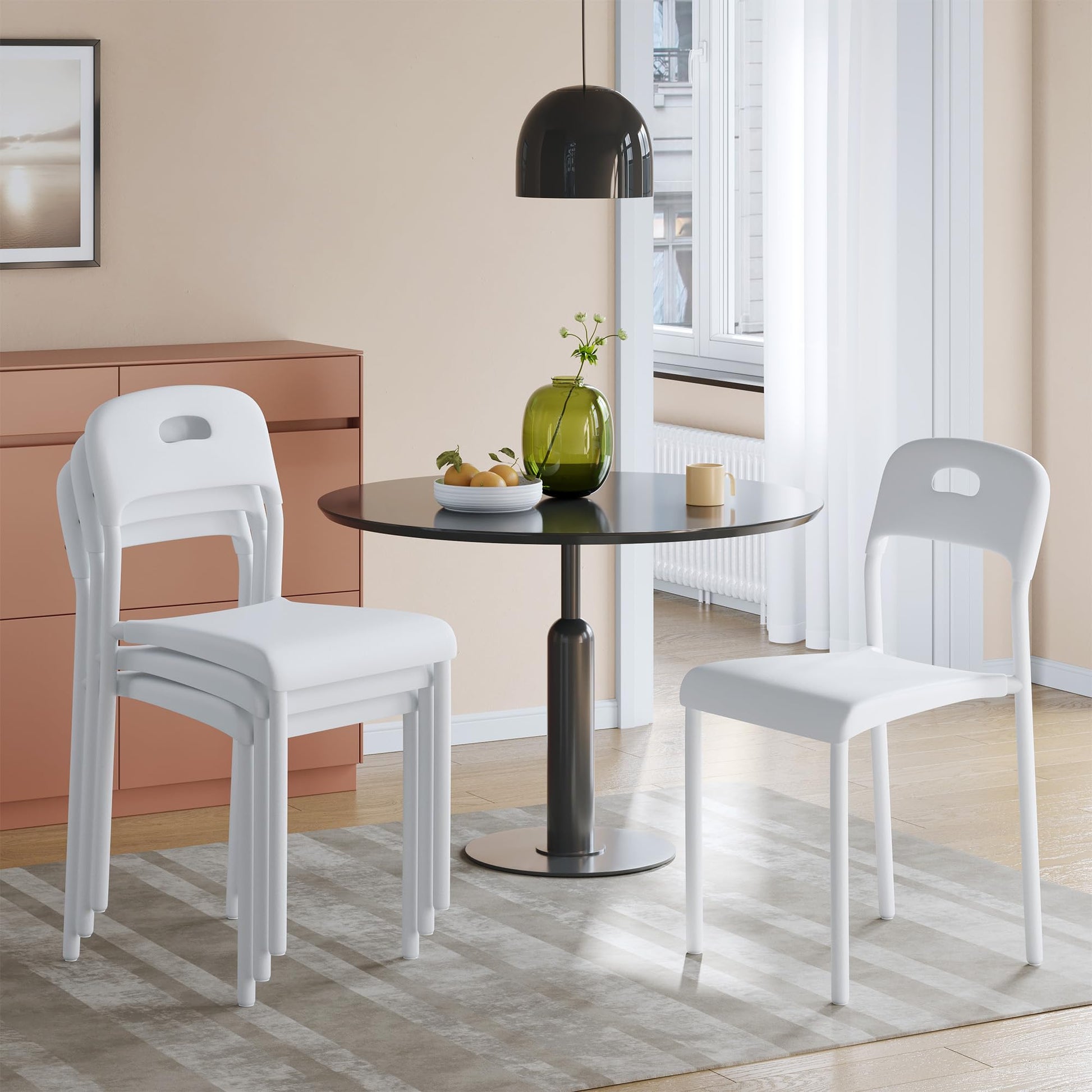 Ensemble de 4 chaises de salle à manger Garvee - Empilables, ergonomiques - Pieds en métal, plastique - Blanches - Pour la cuisine, le bureau et les espaces extérieurs