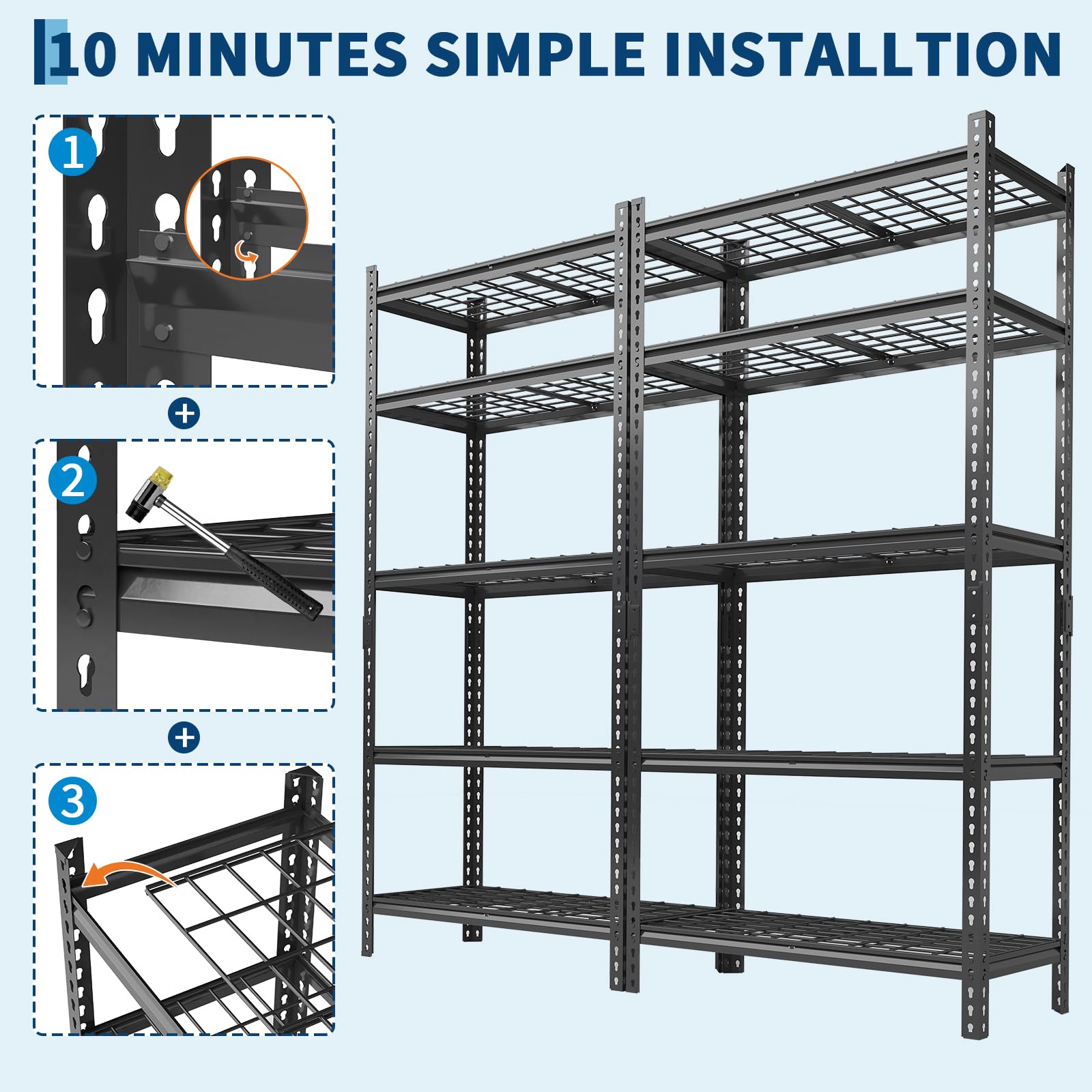 Système d'étagères de garage Garvee, en métal, capacité de charge de 2200 lb, réglable, 5 niveaux, acier SPCC, résistant aux rayures, 36 po x 16 po x 72 po, ensemble de 2, pour garage, cuisine, sous-sol