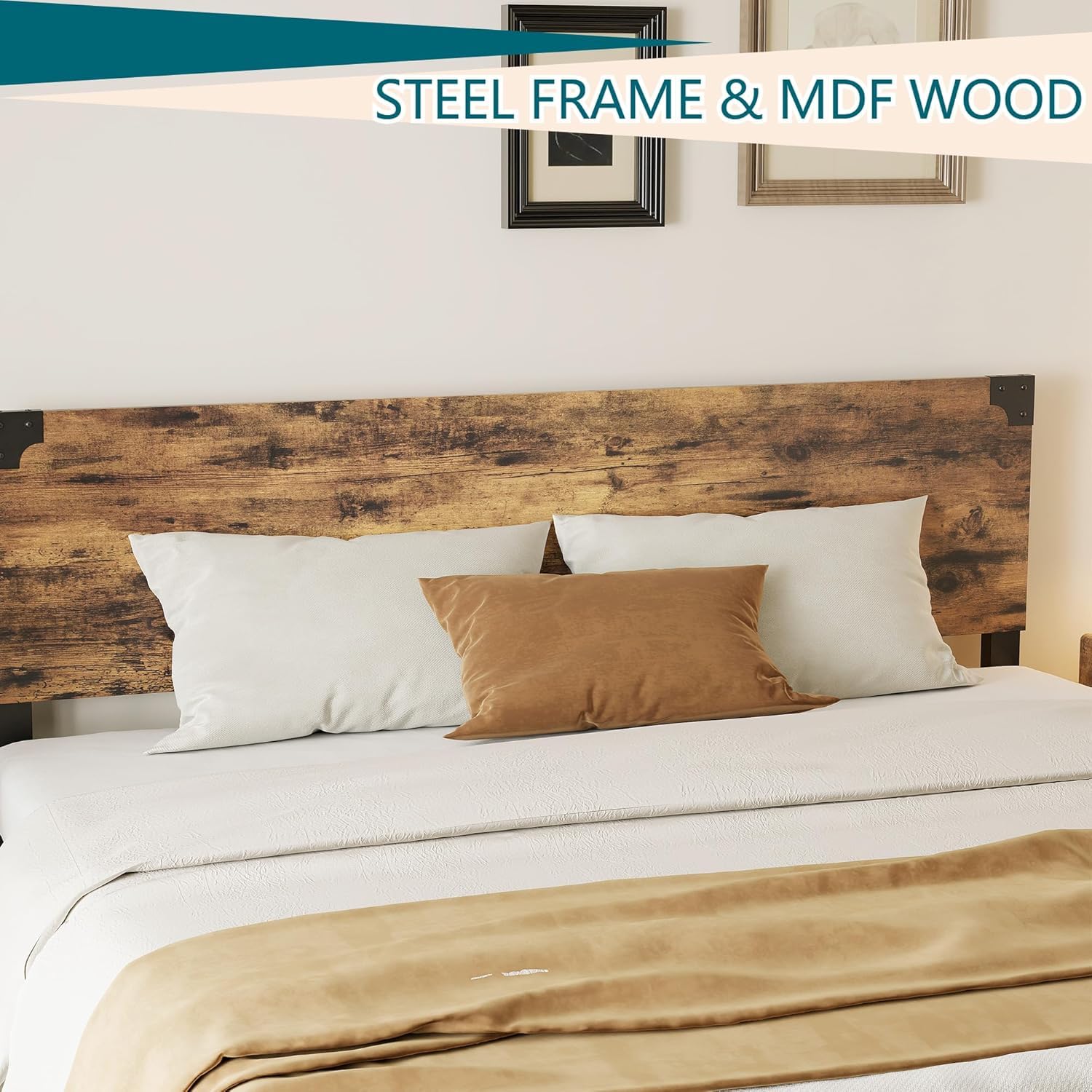 Garvee Cadre de lit Queen avec tête de lit en bois, silencieux, pieds en métal, lit plateforme avec rangement, marron rustique, chambre à coucher