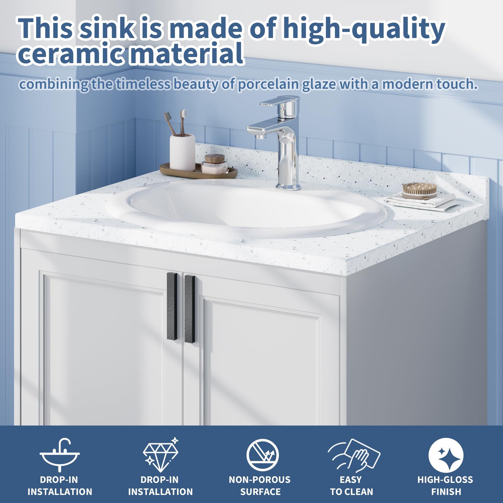Lavabo ovale encastré Garvee 51 x 43 cm (20 x 17 pouces) en céramique blanche résistante aux rayures, idéal pour les petites salles de bain.