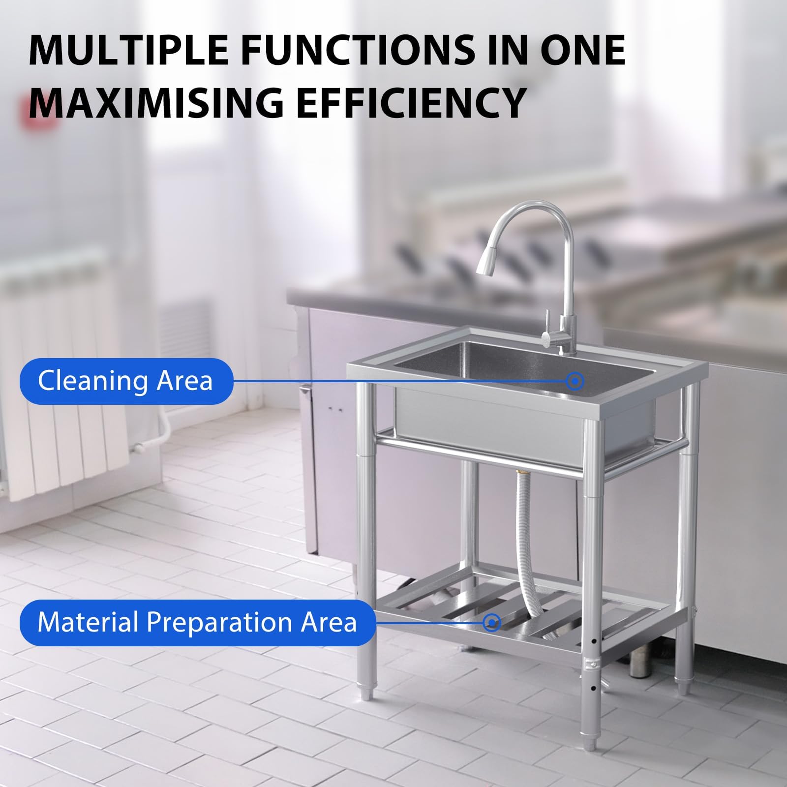 Évier Garvee en acier inoxydable à une cuve avec robinet extractible pour cuisine et garage, 70 x 50 x 86 cm, antirouille