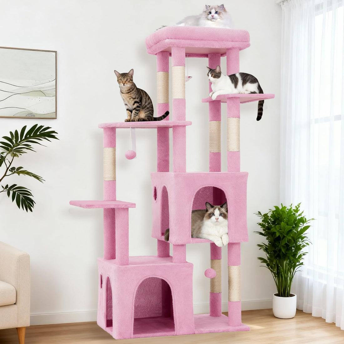 Garvee Arbre à Chat 155 cm Multi-Niveaux pour Grands Chats, Tour Stable avec Grande Plateforme, Rose