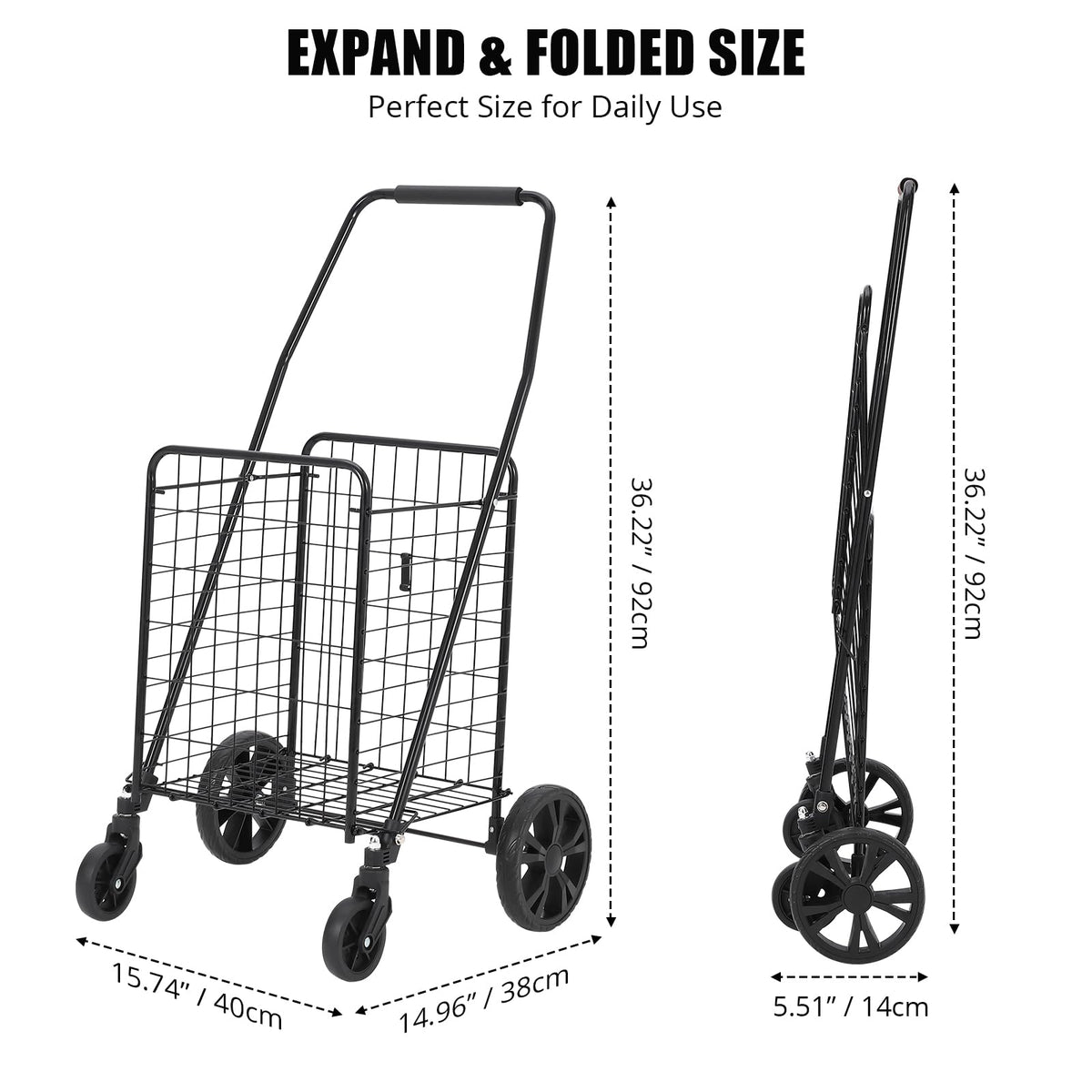 Chariot de courses pliable Garvee, capacité de 50 kg, roues pivotantes à 360°, panier de 83 litres, acier allié, léger, idéal pour les courses et les pique-niques, pliable, gris