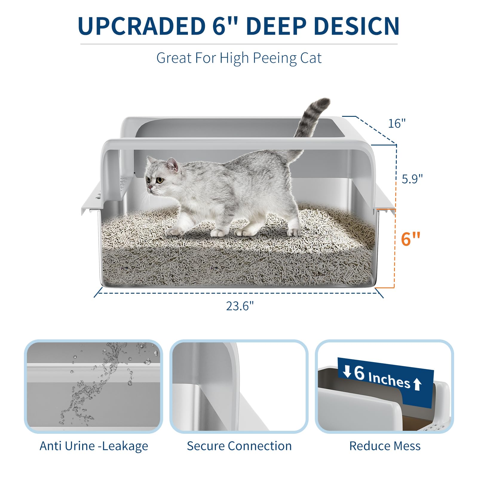 Garvee Bac à litière XL en acier inoxydable pour grands chats, caisse fermée avec couvercle, bords hauts anti-fuite, facile à nettoyer, avec pelle et marchepied