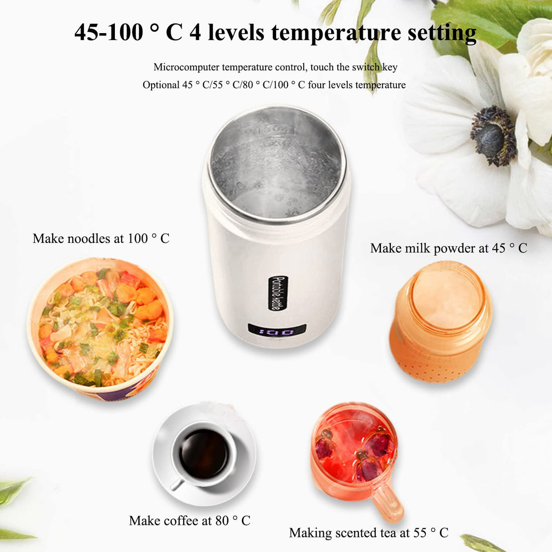 Bouilloire électrique Garvee 380 ml en acier inoxydable, portable, avec voyant LED, contrôle de température, idéale pour le camping, le bureau et les voyages. Compacte et rapide.