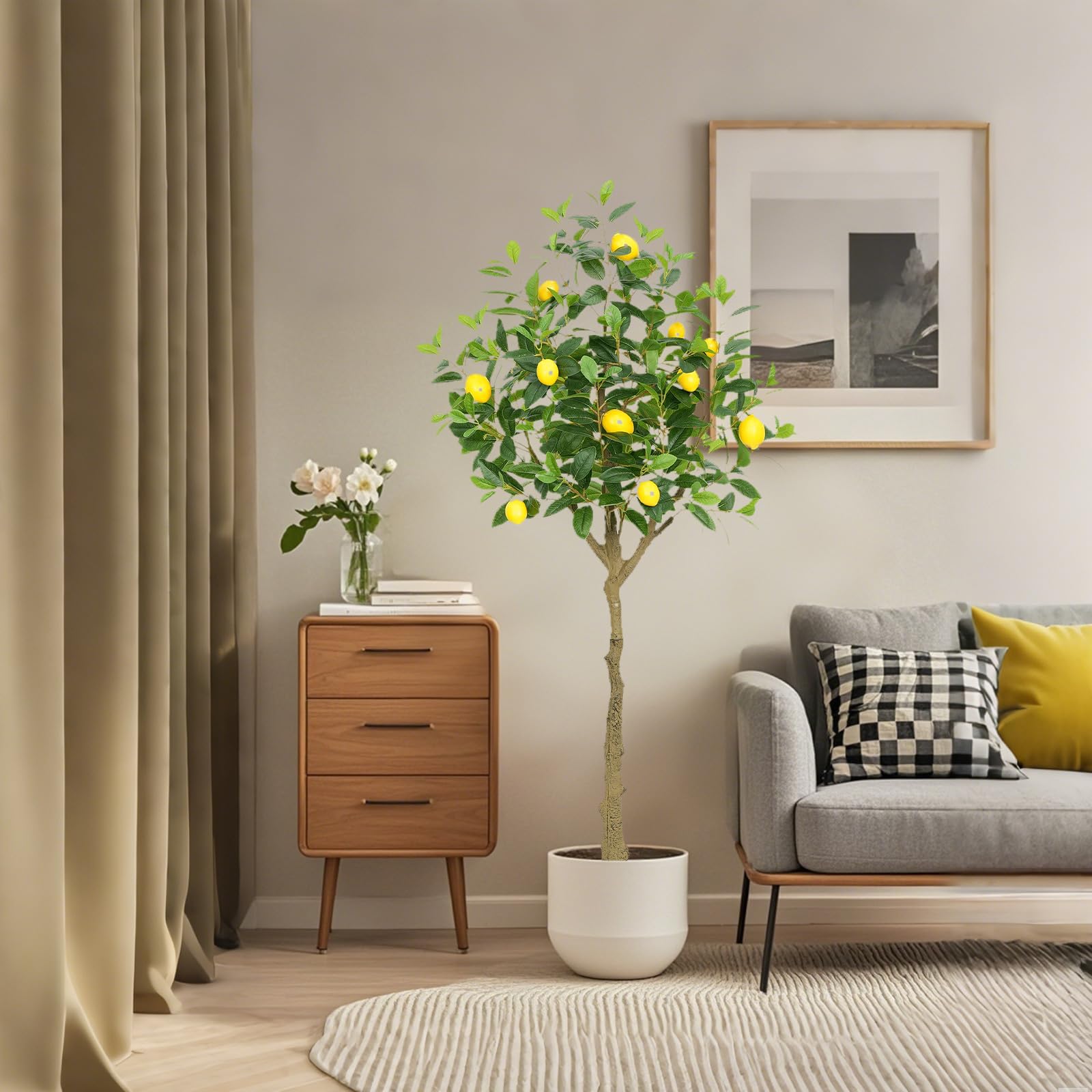 Citronnier artificiel Garvee de 1,5 m, réaliste, avec pot en ciment robuste, pour bureau et maison, vert et jaune