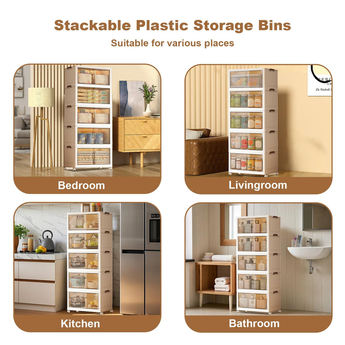 Garvee Boîtes de rangement empilables 5 niveaux avec roulettes, pliables, portes magnétiques transparentes, pour salon et chambre, 45 x 27 x 116cm