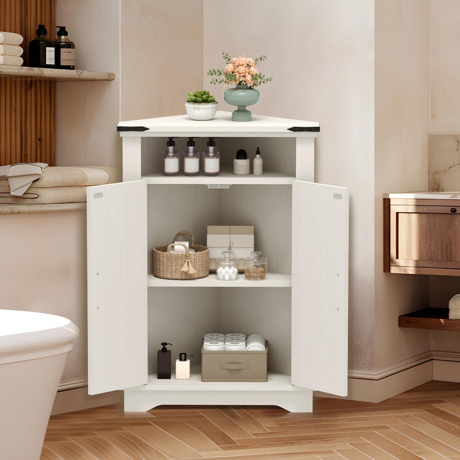 Meuble de salle de bain d'angle Garvee avec portes coulissantes de style grange, étagères réglables, bois MDF, blanc, pour petits espaces, robuste et polyvalent