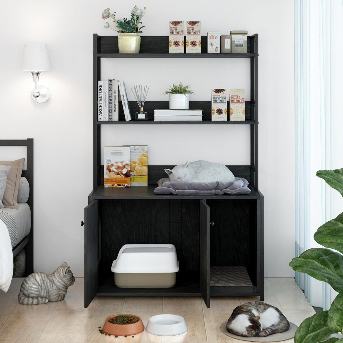 Garvee enclos pour bac à litière avec 2 portes, 2 étagères, griffoir pour usage intérieur, noir, MDF et acier, espace caché pour le chat, étagère intégrée
