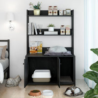 Garvee enclos pour bac à litière avec 2 portes, 2 étagères, griffoir pour usage intérieur, noir, MDF et acier, espace caché pour le chat, étagère intégrée