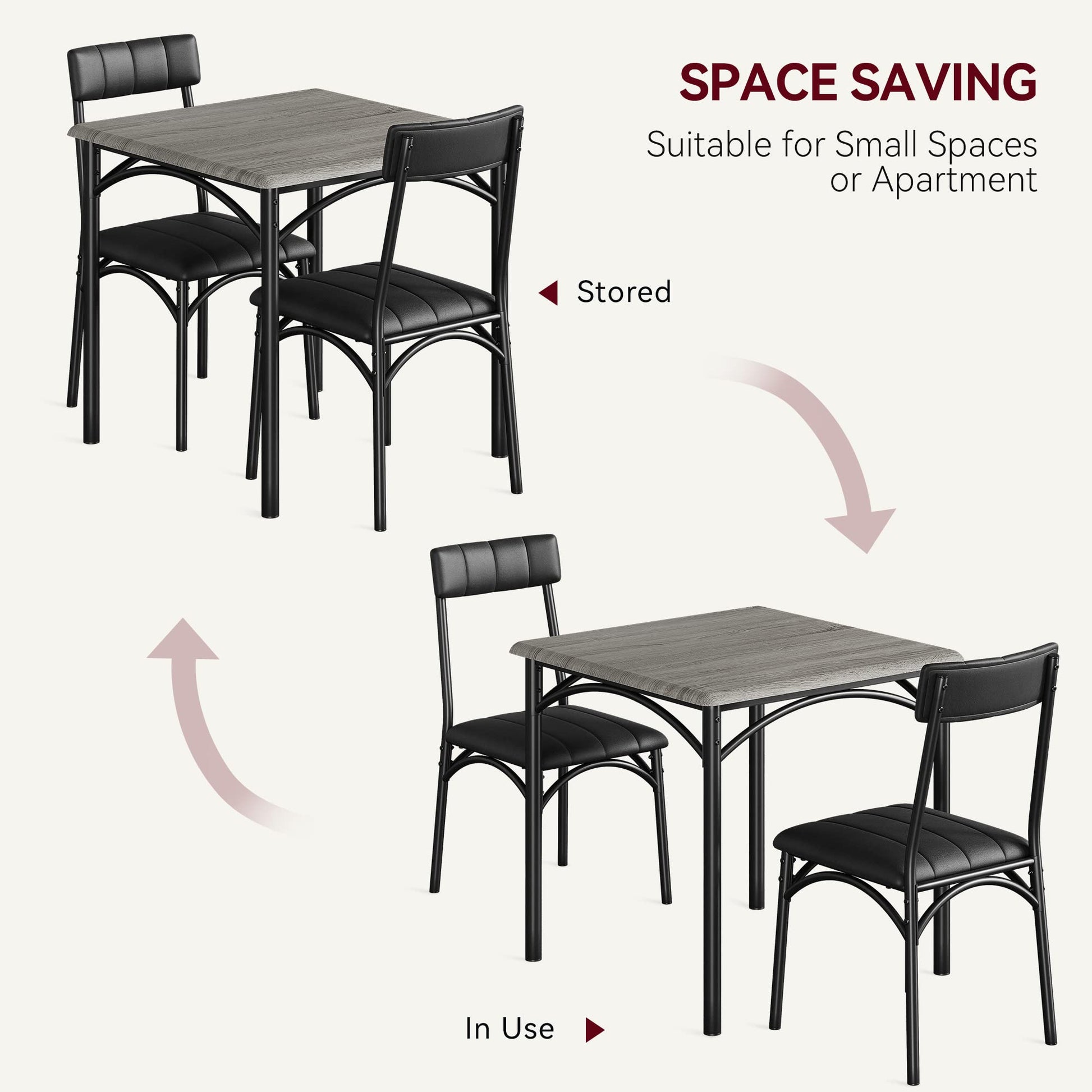 Ensemble table et chaises Garvee pour 2 personnes, gris rustique, MDF et acier, gain de place, idéal pour les petites pièces et les appartements.