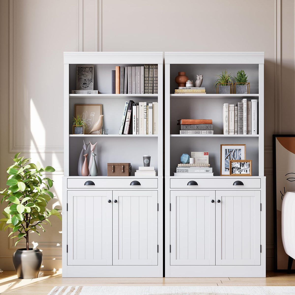 Garvee bibliothèque de 180 cm de haut avec tiroir, 5 niveaux, étagères réglables, bois, portes à persiennes, blanche, pour salon et bureau, robuste et polyvalente