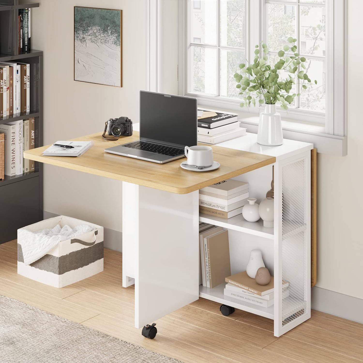 Garvee Table à Manger Pliante Blanche avec Rangement 2 Niveaux, Table de Cuisine Extensible à Rabats, Rectangulaire pour 4, Gain de Place