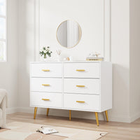 Garvee commode moderne blanche à 6 tiroirs, poignées dorées, pour la chambre et le salon