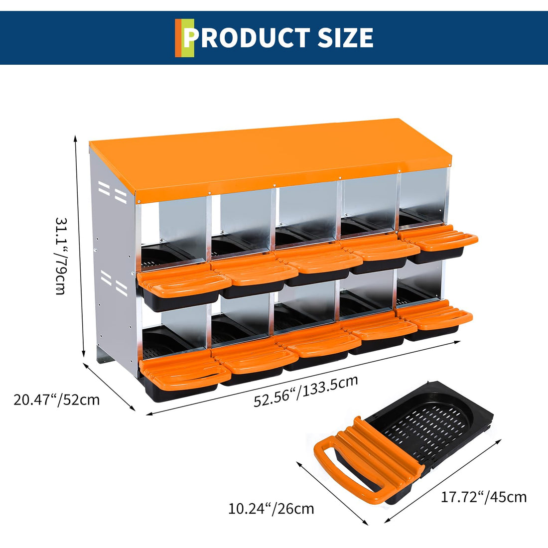 Garvee Pondoir pour Poules 10 Compartiments, Acier Galvanisé et PP, Poignées, Ventilation Supérieure, pour Poulaillers et Fermes, Orange